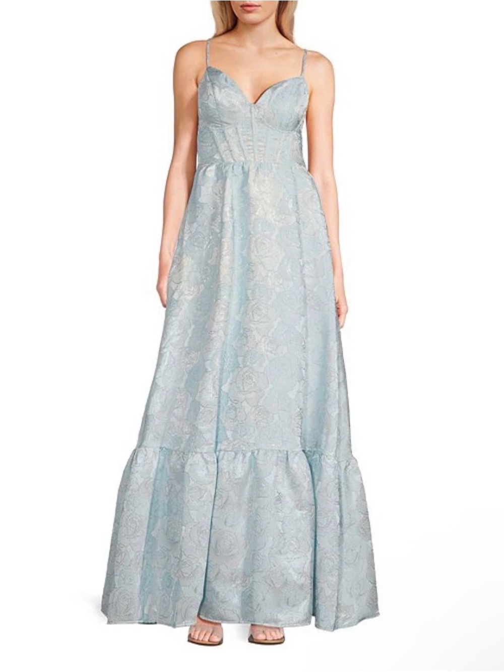 Light Blue Floral Lace Maxi Dress with Corset Bodice and Spaghetti Straps